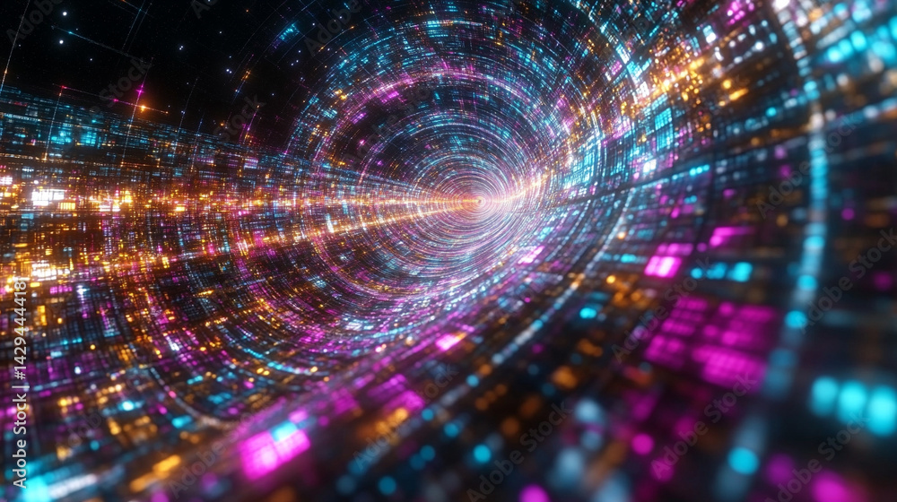 Poster glowing round illuminated lines with motion blur represent futuristic speed connectivity and infinit
