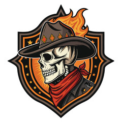 A skull wearing a flaming cowboy hat, detailed rendering, western setting, inside a saloon, dark, gritty, dramatic lighting.