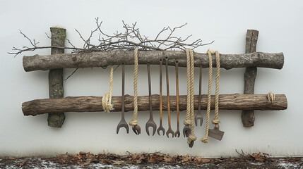 Vintage tools on rustic wood ladder. Natural wall display with hanging ropes and spanners for workshop or garden decor.