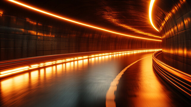 Glowing round illuminated lines with motion blur represent futuristic speed connectivity and infinite energy in a 360-degree panoramic view symbolizing seamless technology and limitless flow

