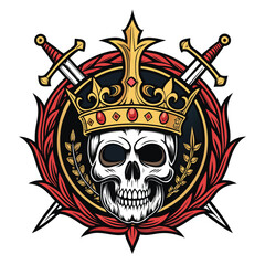 A regal skull king, adorned with a crown of intricately crossed swords, sits upon a gothic throne within a grand, dimly lit royal chamber.