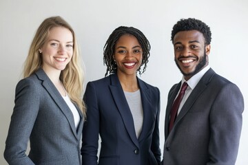 Three diverse business professionals, smiling confidently, showcase teamwork and success.