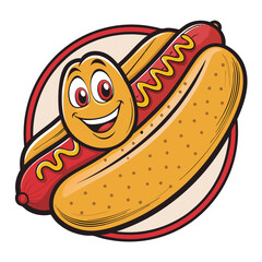 A cheerful hot dog character, smiling broadly, with a trail of mustard inside a bold, outlined 'O' shape.  Vector illustration style.