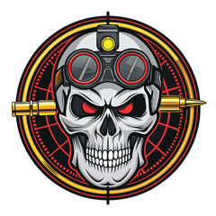 A skull, meticulously detailed, replaces the sniper's head; one eye socket holds a telescopic scope; bullet casings frame the skull.  Create a gritty, realistic illustration.