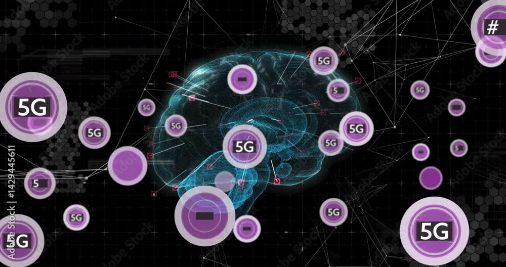 Poster wireframe brain floating in digital interface, connecting with purple 5g icons and data nodes