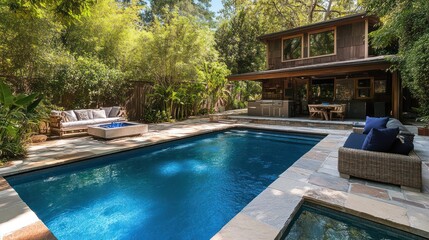 Secluded poolside patio with spa, lush greenery