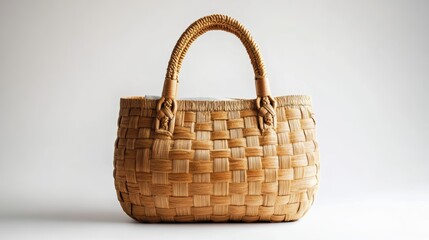 Woven straw handbag with fabric lining and bamboo handles, isolated on white background