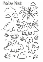 Cute dinosaur coloring page for kids. Simple black and white line art with palm tree, plants, and clouds. Fun prehistoric scene with friendly dinos. Text “Color Me!” at the top.