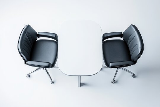 Two black leather office chairs face each other across a white oval table, ready for a meeting. - Powered by Adobe