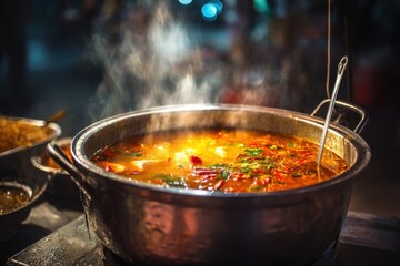 Large steaming pot of spicy street food soup with herbs and chilies
