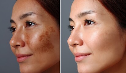 Cropped image of an Asian woman's face showing before and after results of a spot melasma pigmentation facial treatment, highlighting skincare and health issues