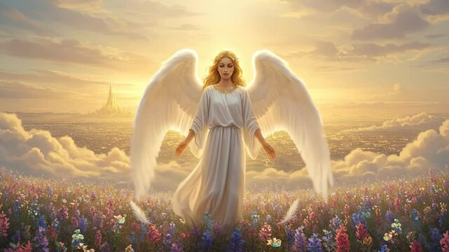 Guardian Angel in Heaven Clouds with Wings Floating Through Clouds Symbol of Divine Protection and Light