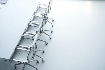 Modern office chairs arranged around a white table, minimalist design.