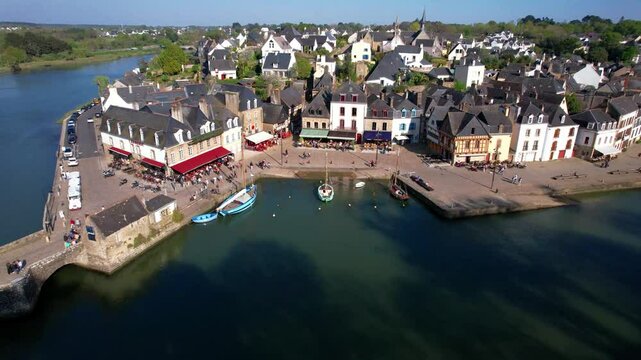 France travel, Brittany most scenic places. Picturesque old port Saint-Goustan and Auray traditional village. High angle 4k hd drone video