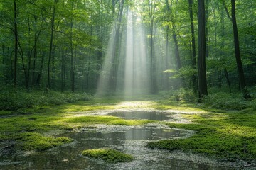 Obraz premium Sunlight filters through trees in a tranquil forest creating a serene atmosphere above a reflective pond