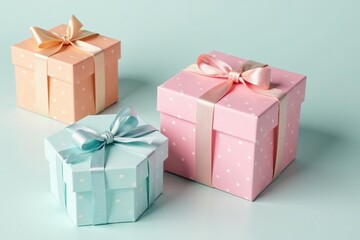 Obraz premium Subtle pastel coloured gift boxes, dotted pattern, spring, photo, light