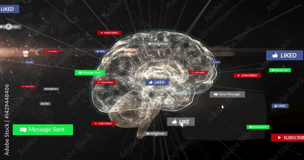 Poster translucent 3d brain glowing neural network lines while social media notifications floating around