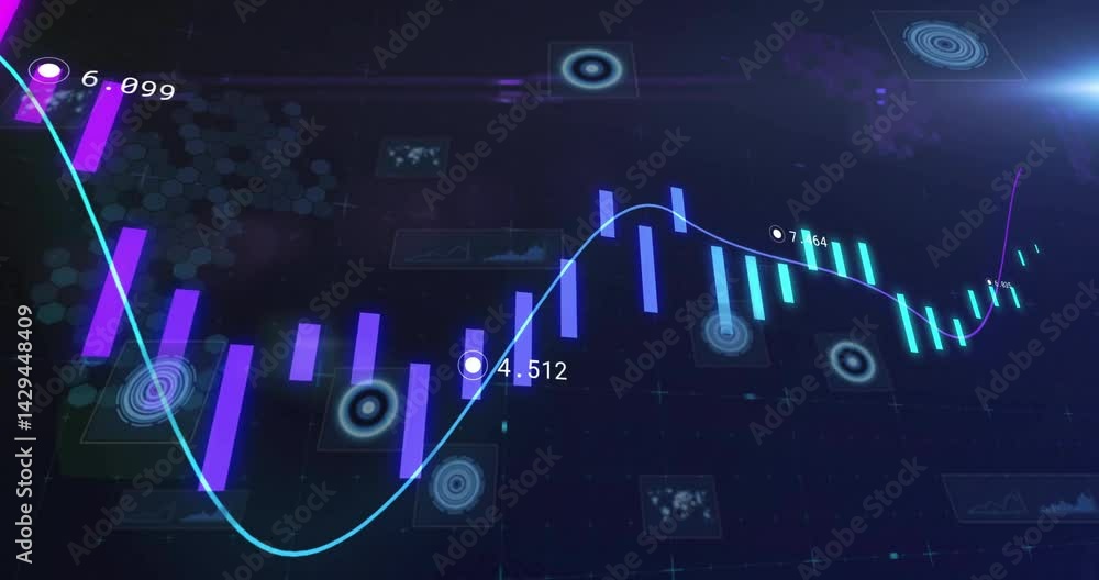 Poster data visualization animating on dark grid, showing purple cyan vertical bars with glowing markers