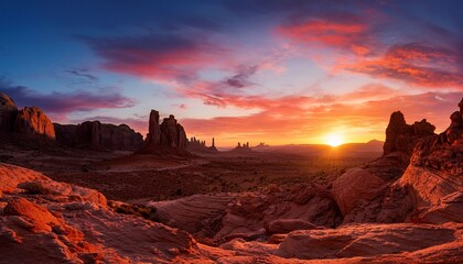 a vibrant sunset over an alien landscape with rocky formations