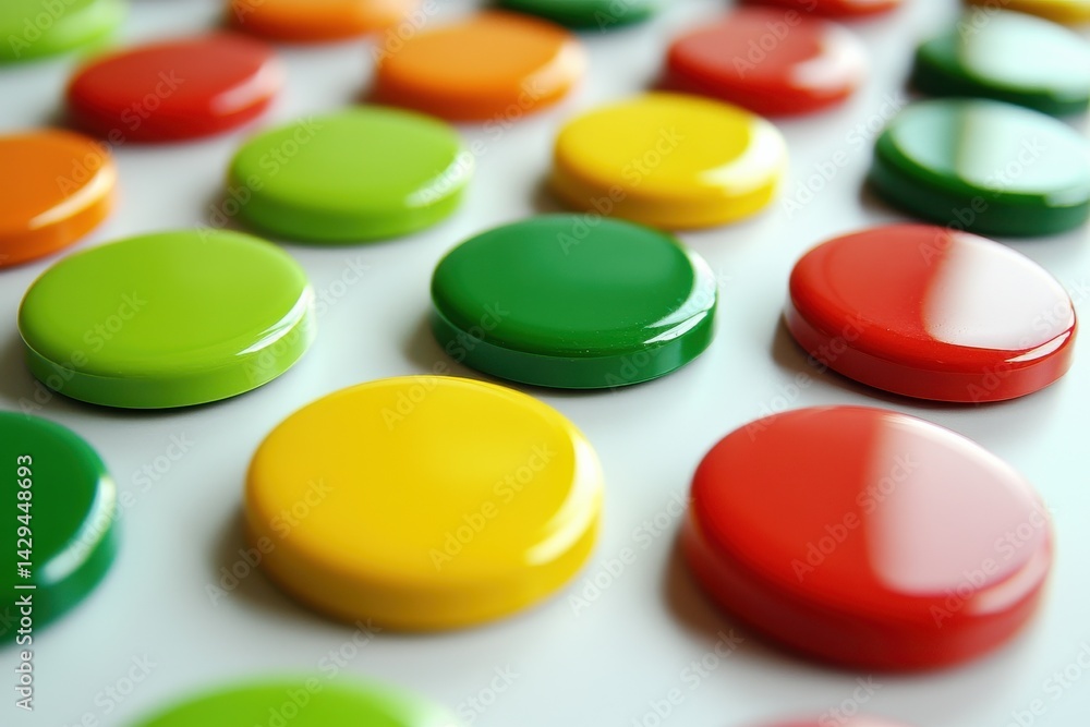 Aufkleber A visually striking composition of round, colorful objects arranged on a light surface, creating a playful and engaging abstract pattern.