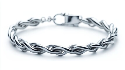 Classic silver bracelet with twisted rope design, isolated on white background