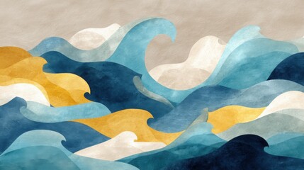 Abstract watercolor illustration of ocean waves in blue and gold, calm sea concept. Perfect for backgrounds, wall art, and coastal designs.