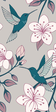1x2, A seamless botanical pattern featuring graceful hummingbirds in iridescent blues and greens