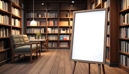 Blank empty white poster sign billboard mockup in old library, bookstore with hardwood floors and bookshelves, product advertisement, created with generative ai