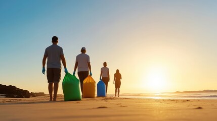 beach cleanup efforts, volunteers clean a beach at sunrise, with a vibrant sky, dramatic shadows, and colorful eco-friendly bags filled with trash, expressing joyful teamwork