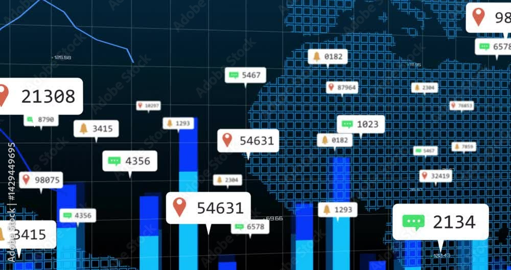 Poster large data marker 98075 rising on dark grid map, displaying red pins, blue line graph