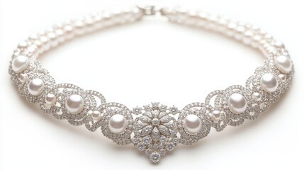 Refined pearl necklace with delicate clasp in white gold, isolated on white background