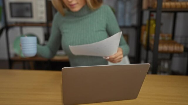 Woman working in an office, holding papers and drinking coffee while sitting in front of a laptop, wearing a green sweater, focusing on her task in a modern indoor setting.