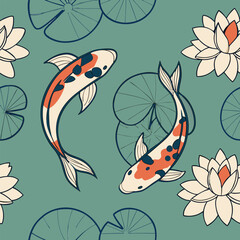 1x1, A seamless Japanese-inspired pattern featuring elegant koi fish in white, orange, and black swimming