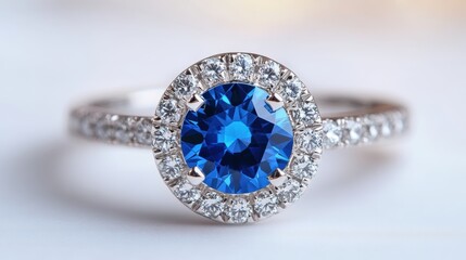 Elegant sapphire engagement ring with diamond halo, isolated on white background