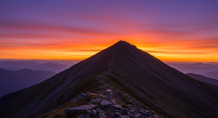 Hiking Trail Leading to Mountain Peak at Vibrant Sunset