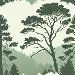1x1, A seamless forest landscape pattern featuring misty pine trees in soft green and gray tones