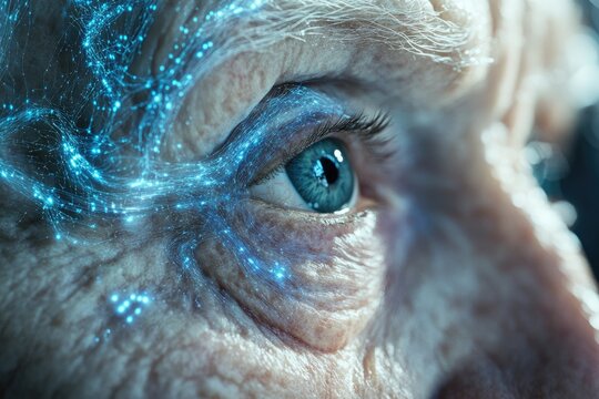 Close-up of an elderly person's eye with glowing neural network overlay, signifying aging and technology.