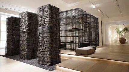 Minimalist gabion room divider creates unique separation in modern living space