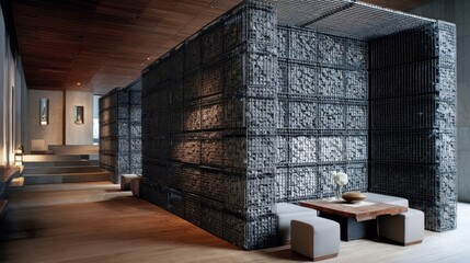 Minimalist gabion room divider creating open space in a modern interior design setting