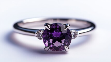 Chic solitaire amethyst ring with platinum band, isolated on white background