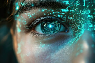 A close-up of a human eye with digital data overlay, futuristic technology concept.