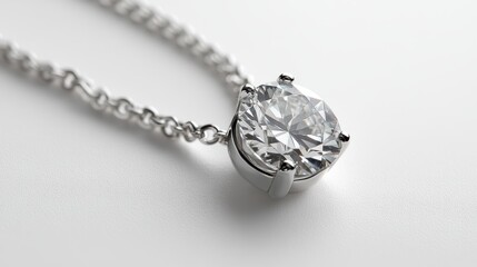 Simple oval diamond pendant necklace in platinum, isolated on white background