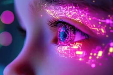 Close-up of a child's eye with vibrant, futuristic circuit patterns projected onto it.