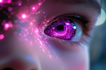 Close-up of an eye with a futuristic, circuit-board-like pattern glowing in pink.