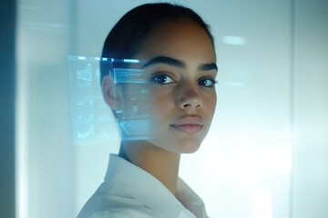 A woman's face is overlaid with a futuristic, translucent digital display showing graphs and data.