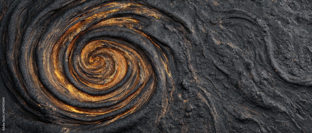 Poster volcano eruption pressure concept. textured black surface with swirling patterns and hints of gold.