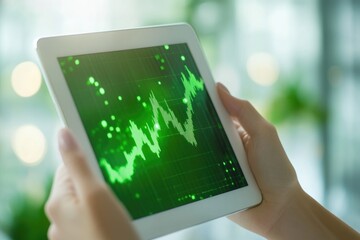 Person analyzing green stock market chart on tablet, showing financial data trends and investment opportunities.