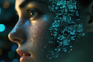 A woman's face merges with a glowing circuit board, symbolizing AI and technological integration.