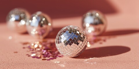 Mini disco balls and confetti on pink surface with dramatic lighting