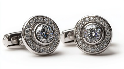 Timeless sterling silver cufflinks with round cut diamonds, isolated on white background